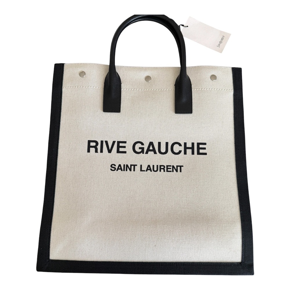 Saint Laurent Rive Gauche Tote Bag Canvas Leather White Black 632539